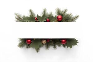 Top view layout with horizontal center blank space adorned pine tree branch, red ball on white background photo