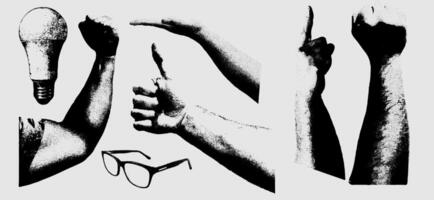 A textured black-and-white collage of arms, hands, a light bulb, and glasses, combining grainy elements and minimalist design for a retro feel. illustration vector