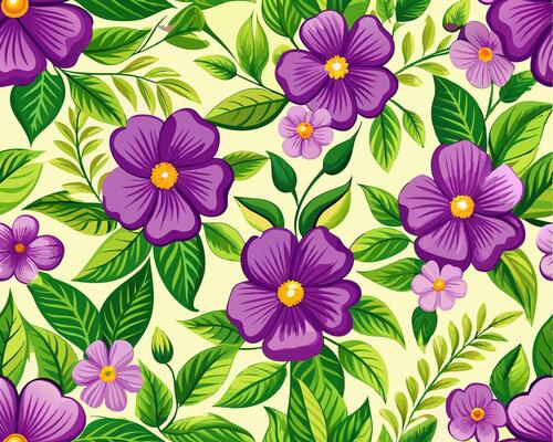 a purple flower pattern with green leaves and flowers