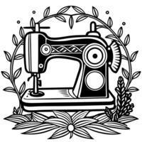 a sewing machine with flowers and leaves in the background vector