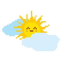 A pixelated sun with a smiling face, partially obscured by light blue clouds, radiates bright orange rays on a isolated white background, evoking a cheerful, sunny day. vector