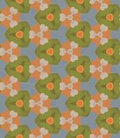 Repeating geometric seamless pattern with five-sided shapes in shades of orange, green, blue, and white. The design is intricate and visually complex. vector