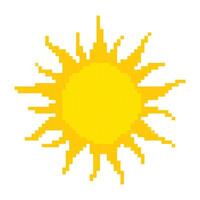 A vibrant pixelated sun icon in bright yellow, featuring sharp rays extending outward. This retro-style design evokes a nostalgic feel, perfect for digital art, game design, and creative projects. vector