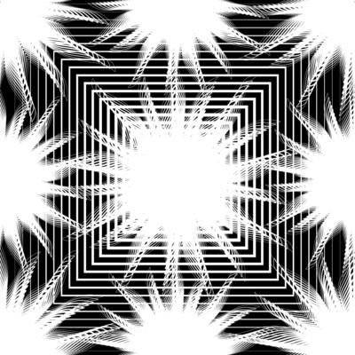 Black and white abstract seamless pattern, geometric design, concentric squares, radiating lines, symmetrical, optical illusion effect, high contrast, intricate, repetitive, square frame, linocut.