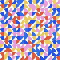 Dynamic repeating seamless pattern of quarter circles and squares in red, orange, pink, blue, and yellow on a white background. The slightly offset shapes create an abstract, colorful grid design. vector