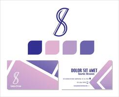logo and a business card design. Four color swatches below the logo in a row. The business card design has a white background with a geometric pattern of overlapping diagonal lines in the background. vector
