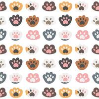 Seamless pattern with cute cat paws. Cat foot of different colors. For textiles, wrapping, cards, prints. On a transparent background. For pet shops, veterinary clinics, shelters, children. vector
