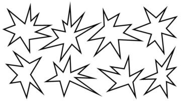 Irregular spikey stars shapes. Set trendy Black cutout paper elements. Hand drawn chevron shapes. Funky groovy sparks simple forms isolated on white background. illustration vector