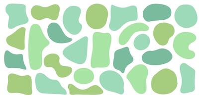 Set of organic irregular green blob shapes. Random deform spot fluid circle Isolated on white background. Organic amoeba Doodle drops Retro elements. Abstract rounded forms illustration vector
