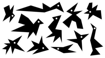 Irregular spikey hand drawn fun birds. Set trendy Black cutout paper elements. Stars shapes. Funky groovy sparks simple forms isolated on white background. illustration vector