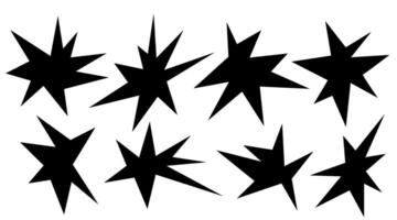 Irregular spikey stars shapes. Set trendy Black cutout paper elements. Hand drawn chevron shapes. Funky groovy sparks simple forms isolated on white background. illustration vector