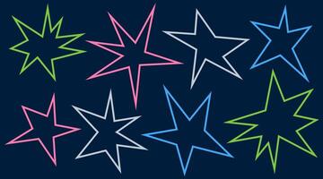 Irregular spikey stars shapes. Set trendy Black cutout paper elements. Hand drawn chevron shapes. Funky groovy sparks simple forms isolated on blue background. illustration vector