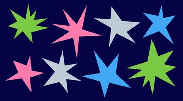 Irregular spikey stars shapes. Set trendy Black cutout paper elements. Hand drawn chevron shapes. Funky groovy sparks simple forms isolated on blue background. illustration vector