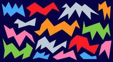 Irregular spikey hand drawn chevron shapes. Set trendy Black cutout paper elements. Stars shapes. Funky groovy sparks simple forms isolated on blue background. illustration vector