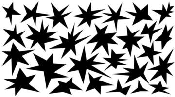 Irregular spikey stars shapes. Set trendy Black cutout paper elements. Hand drawn chevron shapes. Funky groovy sparks simple forms isolated on white background. illustration vector