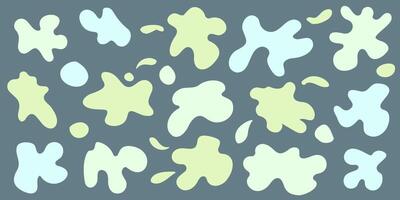 Set of organic irregular green blob shapes. Random deform spot fluid circle Isolated on gray background. Organic amoeba Doodle drops Retro elements. Abstract rounded forms illustration vector