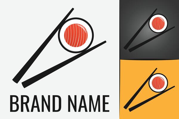 Japanese Sushi Roll Seafood logo. Japan Cuisine roll logotype. Asian sushi logo roll food in chopsticks.