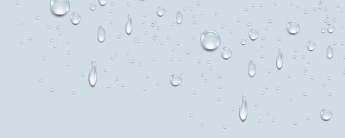 Rain transparent drops flow down the glass.Realistic wet condensation texture.Fresh water splash effect on the surface.Liquid spreading droplet shapes. vector