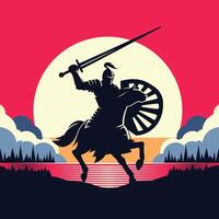 a knight on horseback with sword and shield vector