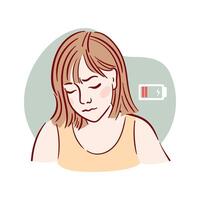 An illustration depicting an exhausted woman who is low on battery energy, embodying her struggles, apathy. Distress, lack of motivation. sketch For book, brochure, psychological help website design vector
