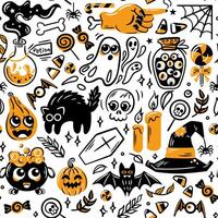 Halloween doodles spooky for the season. illustrations in sketch style. Potion, skull, zombie hand, witch hat, ghosts, creepy characters. Seamless pattern for wallpaper, wrapping, background. vector