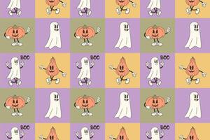 Seamless pattern featuring colorful squares with ghosts and pumpkins in retro style. illustration for Halloween designs, spooky decorations, and festive backgrounds vector