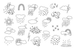 Weather elements set sun, wind, rain, fog, clouds cute hand drawn doodle minimalist outline illustration, simple symbol to describe weather, environment, climate, weather forecast image vector