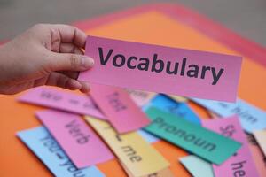 Close up hand holds paper card with text vocabulary. Concept, education, learning, studying language. Education. Reading and memorizing strategy of learning process lesson. photo