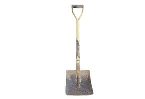 Rusty old shovel isolated on white background. Concept. tool work. equipment for construction or agriculture. Use a shovel to scoop up soil, rocks, sand, and other things. photo