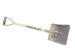 Rusty old shovel isolated on white background. Concept. tool work. equipment for construction or agriculture. Use a shovel to scoop up soil, rocks, sand, and other things. photo