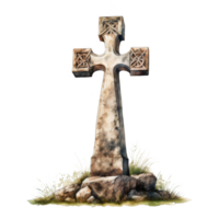 A Stone Cross with Intricate Carvings Standing on Rocks with Grass png