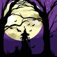 halloween night witch and moon background vector