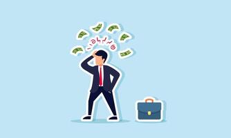 A businessman confused by the abundance of money flying around, illustration of Doubt in setting business policies due to numerous bribes from various parties vector