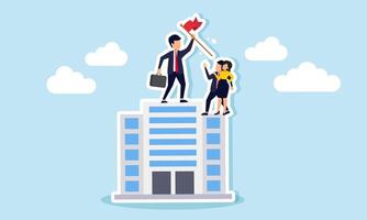 A businessman and competitor standing on top of a building holding a red flag to show their rival, illustration of Competitor recognition of a project deal awarded through a tender or acknowledgment vector