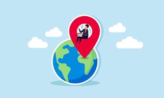 A businessman holding a laptop, sitting at a location above the Earth, illustration of A businessman mapping competitors and managing business ratings and SEO based on actual location vector