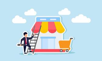 A businessman carrying a ladder rung to install on a ladder and climb a supermarket, illustration of Step by step in building a marketplace vector