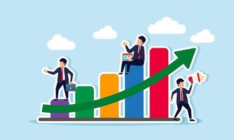 Employees working on promotion, management, and public relations on a graph with a positive trend, illustration of Managing a company, promoting a brand, maintaining customer relations aligned profit vector