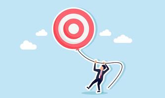 A businessman struggling to hold a large target balloon with a string, illustration of The burden of targets or projects assigned is very high vector