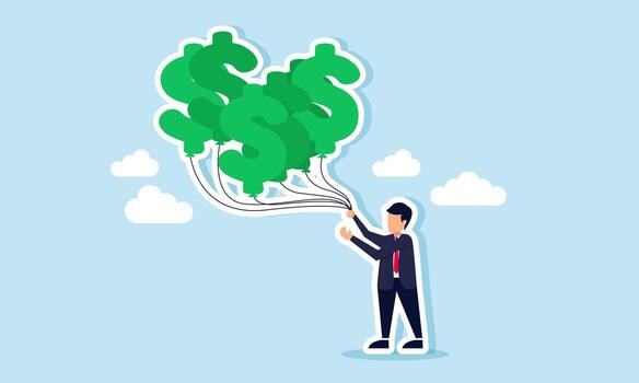 A businessman holding a floating dollar balloon by a string, illustration of Safeguarding company assets to prevent them from being lost or depleted vector