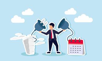 A businessman holding a power plug connected to piles of paperwork and a calendar, symbolizing workload balance, illustration of Synchronizing schedules and workload to ensure tasks are completed vector