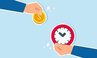 Two businessman hands, one holding a coin and the other a wall clock, illustration of time is money, good time management greatly determines the success and growth of our business vector