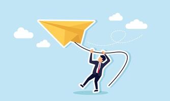 A businessman struggling to hold a large paper airplane with a string, illustration of Maintaining a company with a grand vision to stay true to its values vector