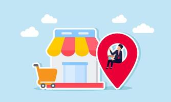 A businessman holding a laptop, sitting at a supermarket location, illustration of A businessman mapping competitors and managing business ratings and SEO based on the actual location vector