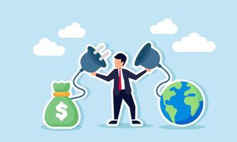 A businessman holding an electrical plug with money bags and Earth at each end, illustration of Extracting all the wealth available on Earth vector