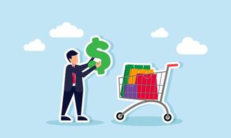 A businessman holding a dollar in front of a shopping basket, illustration of The fair value or price for a business expenditure vector