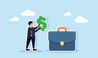 A businessman holding a dollar in front of a company building, illustration of The salary given to an employee for the workload assigned by the company vector