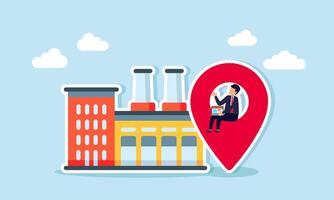 A businessman holding a laptop, sitting at a factory location, illustration of A businessman managing and optimizing business ratings and SEO according to the actual location vector