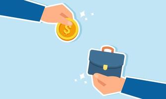 Two businessman hands, one holding a coin and the other a briefcase, illustration of Corruption, a dishonest and unethical act of offering money to secure a job or position vector