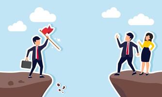 A businessman and a competitor standing by a cliff holding a red flag to show to their rival, illustration of A brand leader in its market segment with a significant gap or distance from competitors vector