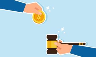 Two businessman hands, one holding a coin and the other a judge gavel, illustration of Corruption, a dishonest act of offering money to influence a desired policy or decision vector